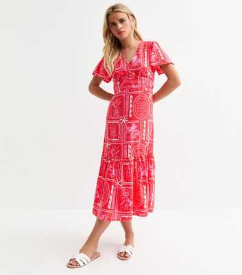 Petite Pink Sea Print Tiered Midi Dress
