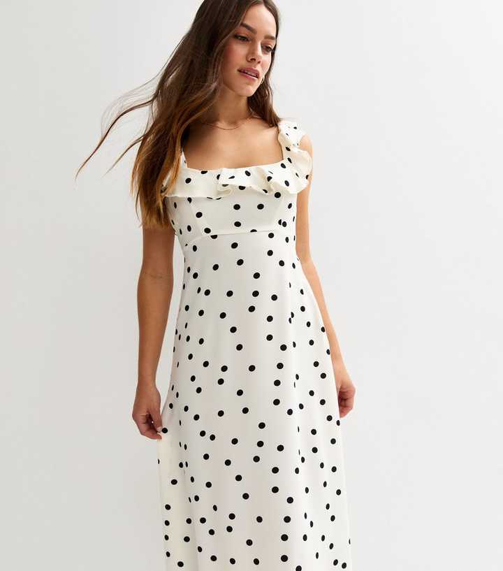 Petite White Polka Dot Ruffle Trim Midi Dress