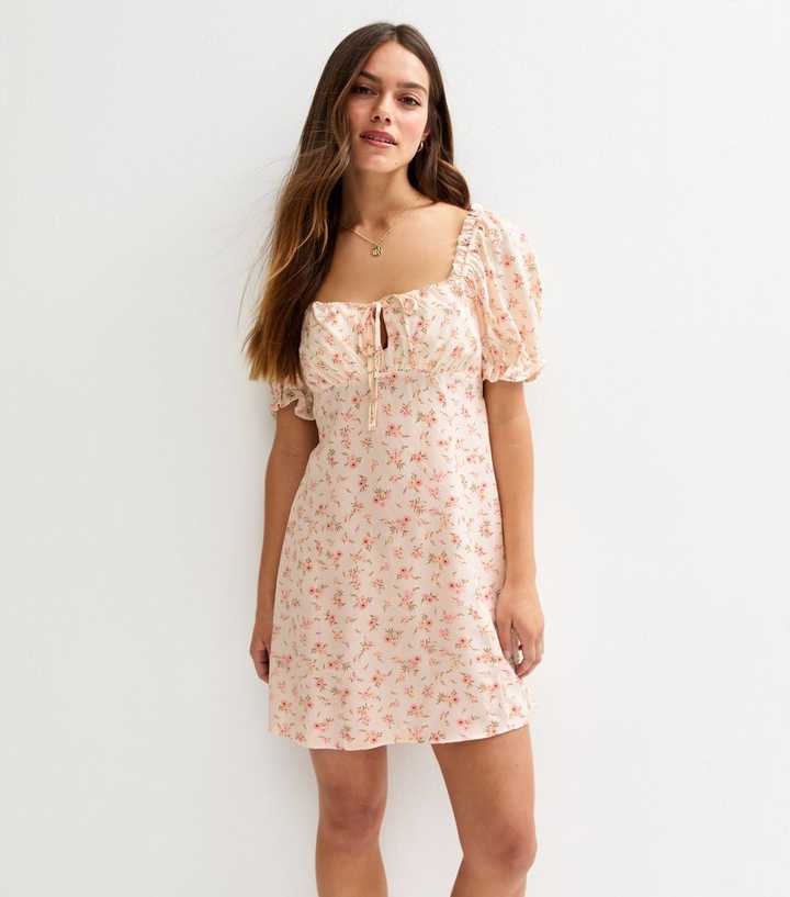 Petite Cream Floral Print Milkmaid Mini Dress