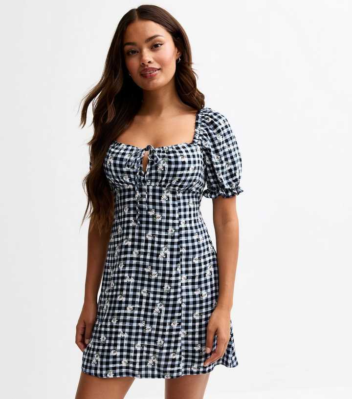 Petite Blue Gingham Print Milkmaid Mini Dress
