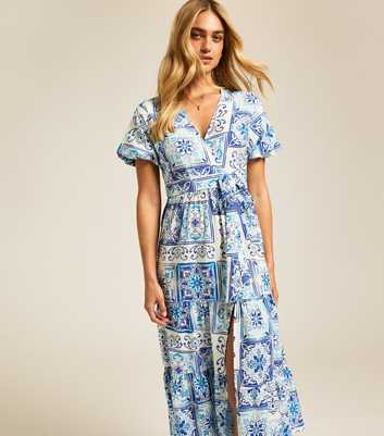 Blue Tile Print Tiered Wrap Midi Dress
