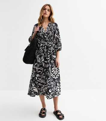 Black Abstract Print Midi Smock Dress