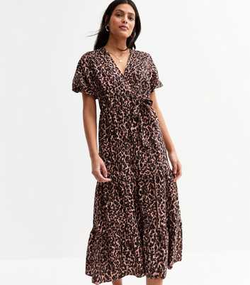 Brown Leopard Print Wrap Midi Dress