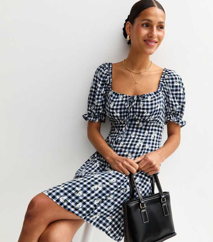 sachin and babi light blue dress Black Gingham Print Embroidered Frill Sleeve Tiered Midi Dress
