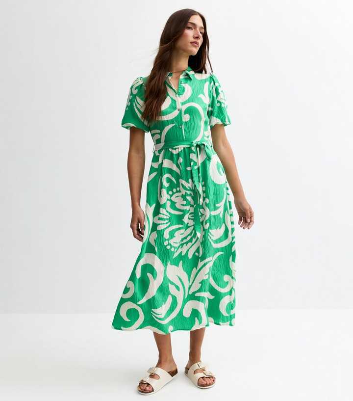 Green Swirl Print Puff Sleeve Midi Shirt Dress Green Swirl Print Puff Sleeve Midi Shirt Dress