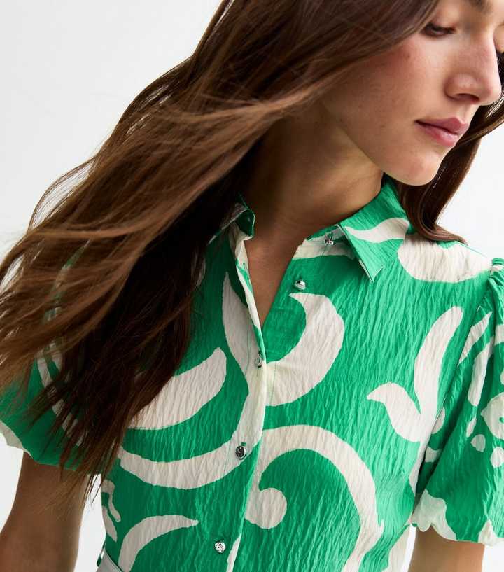 Green Swirl Print Puff Sleeve Midi Shirt Dress | New Look