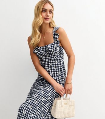 new look gingham midi dress Black Gingham Print Embroidered Frill Sleeve Tiered Midi Dress