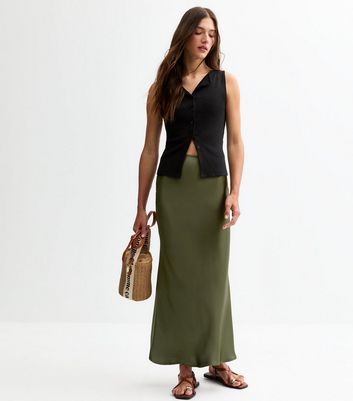 Khaki Satin Bias Cut Maxi Skirt