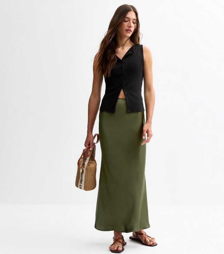 Khaki Satin Bias Cut Maxi Skirt
