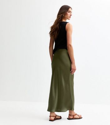 Mid length satin skirts khaki best sale