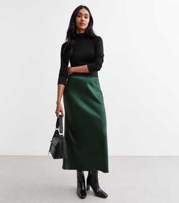 Green Satin Bias Cut Midi Skirt 