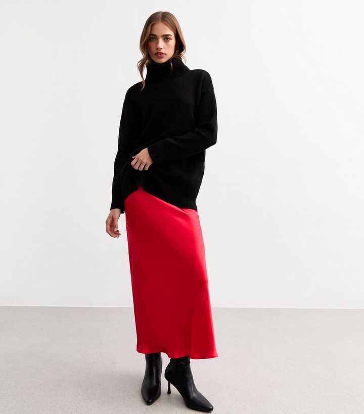 Red Satin Bias Cut Maxi Skirt 