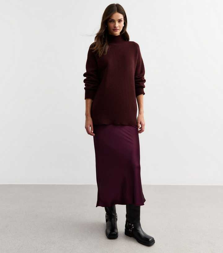 Burgundy Satin Bias Cut Maxi Skirt 