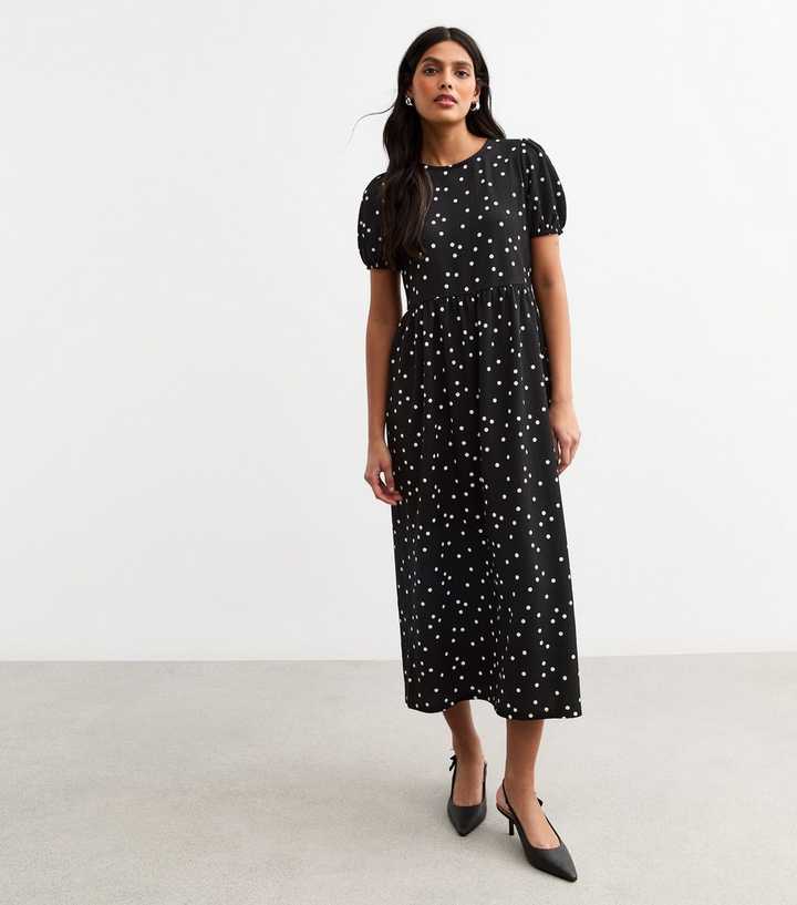 Black Crinkled Jersey Polka Dot Bow Back Midi Dress New Look