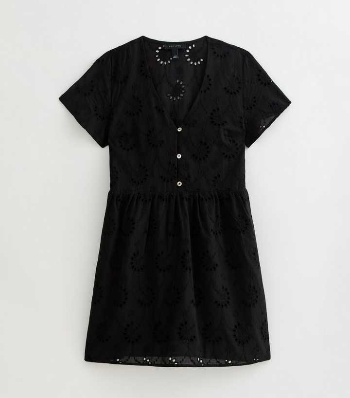 Black Broderie Anglaise V Neck Mini Dress