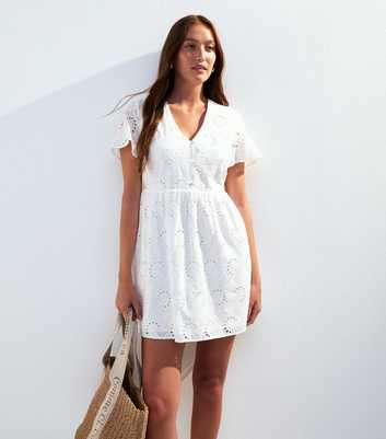 White Broderie Anglaise V Neck Mini Dress
