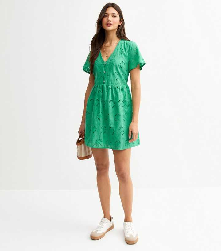 Green Broderie Anglaise V Neck Mini Dress | New Look Green Broderie Anglaise V Neck Mini Dress | New Look