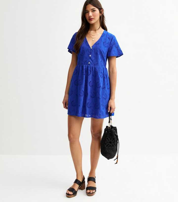 Blue Broderie Anglaise V Neck Mini Dress