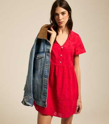 Bright Red Broderie Anglaise Smock Mini Dress