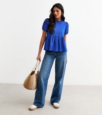 Bright Blue Crinkled Jersey Tie Back Peplum Top | New Look