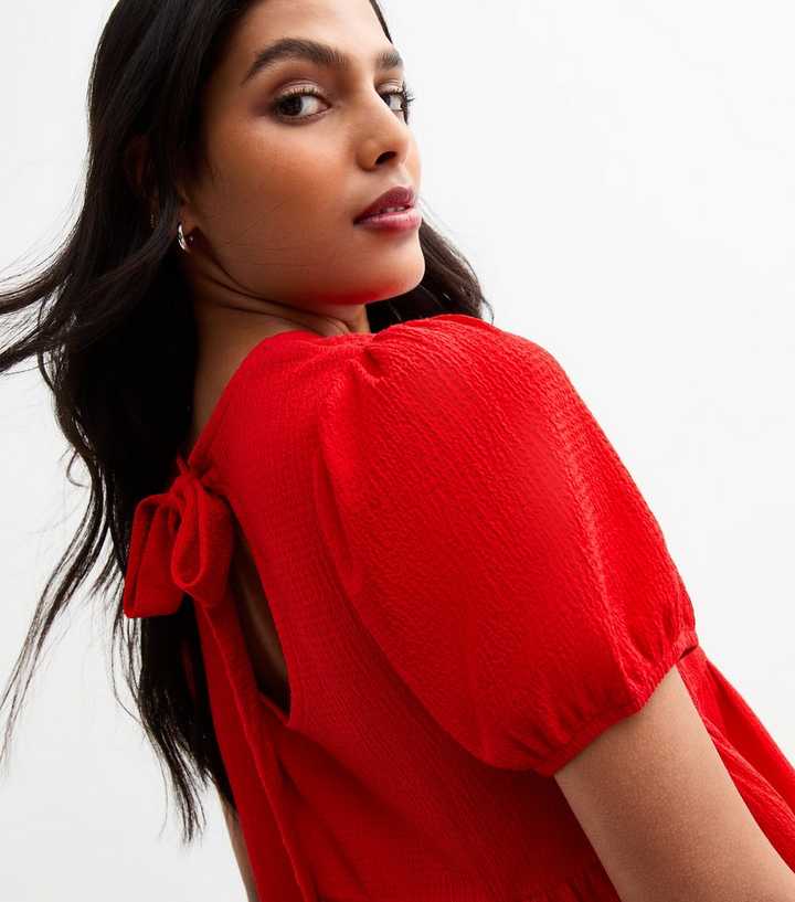 Red Crinkled Jersey Tie Back Peplum Top