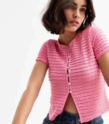 Bright Pink Textured Lace Short Sleeve Cardigan