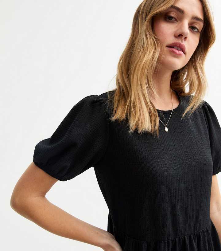 Black Bow Back Crinkled Mini Smock Dress