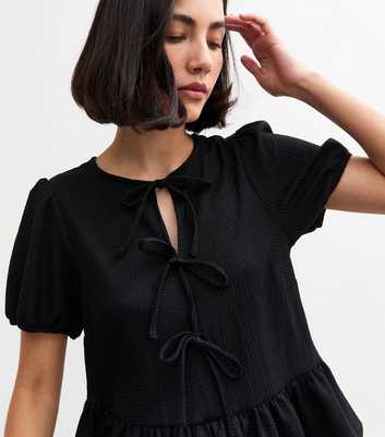 Black Crinkle Texture Tie Front Smock Top