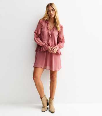 Pink Chiffon Ruffled Long Sleeve Mini Dress