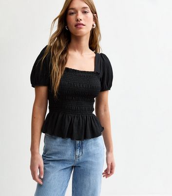 Black Jersey Square Neck Shirred Body Puff Sleeve Top