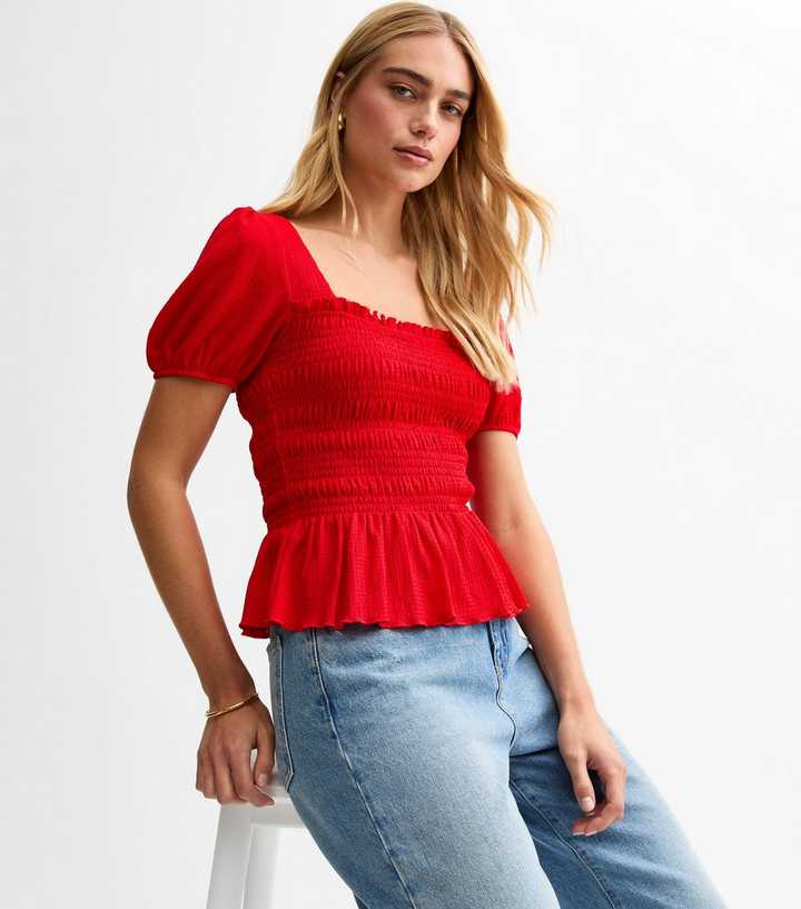 Red Jersey Square Neck Shirred Body Puff Sleeve Top New Look