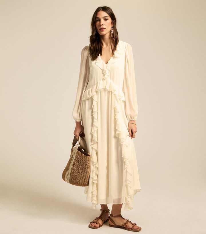 Cream Ruffle Trimmed Chiffon Midi Dress