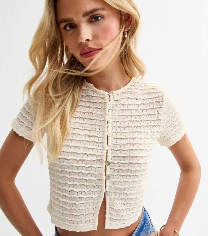 Petite Cream Textured Lace Cropped Cardigan