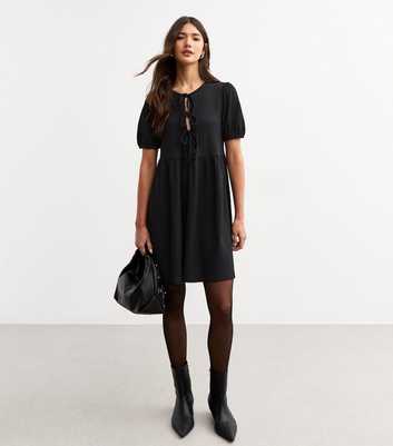 Black Crinkled Texture Tie Front Mini Dress