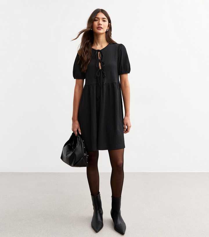 Black Crinkled Texture Tie Front Mini Dress
