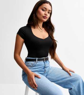 Petite Black Jersey Short Sleeve Sweetheart Neck Body