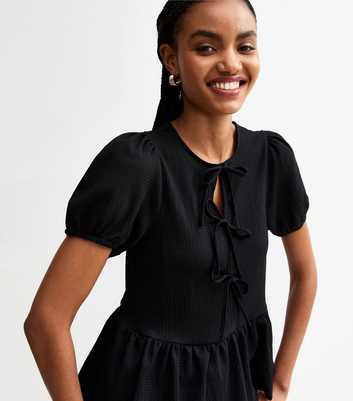 Tall Black Textured Jersey Tie Front Top