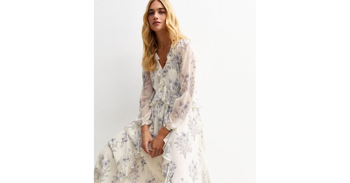 White Floral Print Ruffle Trimmed Chiffon Midi Dress | New Look