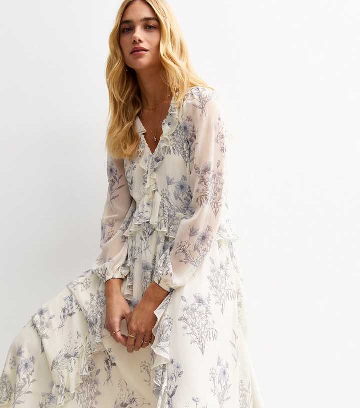 White Floral Print Ruffle Trimmed Chiffon Midi Dress