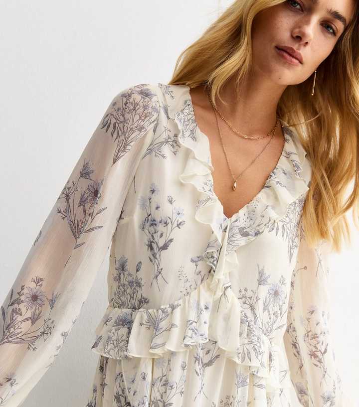 White Floral Print Ruffle Trimmed Chiffon Midi Dress