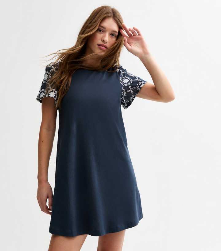 Navy Broderie Sleeve Mini Swing Dress