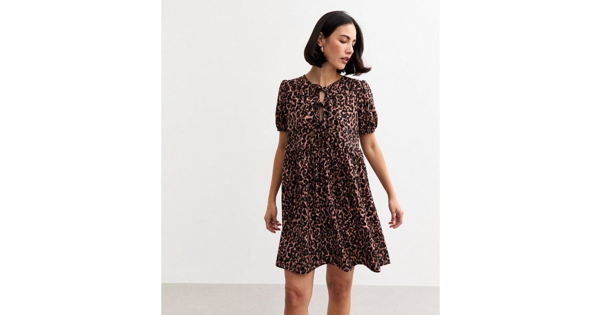 Leopard Print Tie Front Short Sleeve Mini Dress