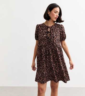 Brown Crinkled Leopard Print Tie Front Mini Dress
