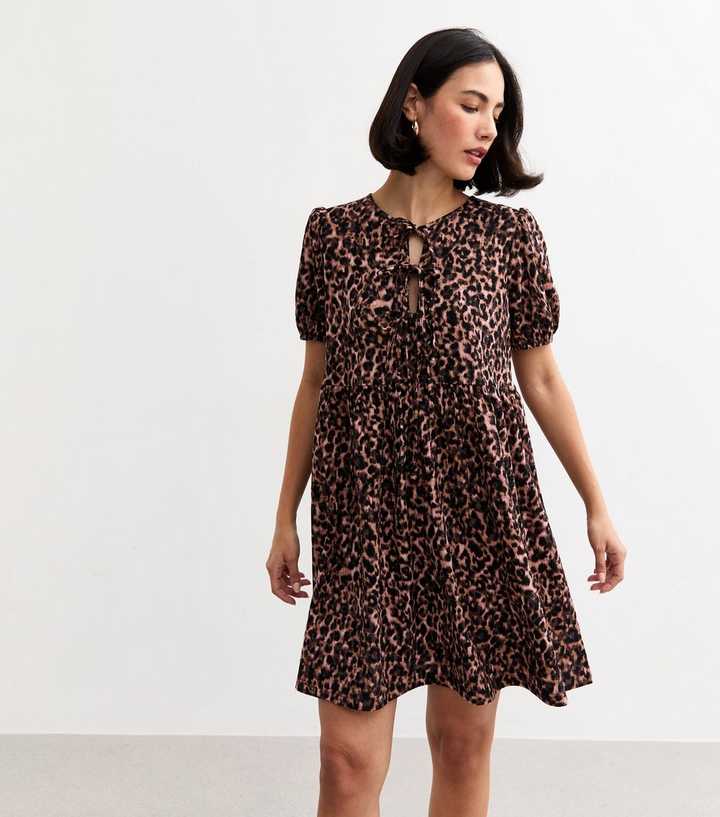 Brown Crinkled Leopard Print Tie Front Mini Dress