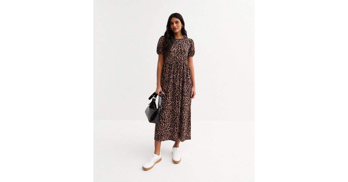 Brown Crinkle Texture Leopard Print Bow Back Midi Dress | New Look