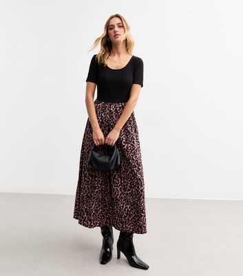 Black 2 in 1 Leopard Print Midi Dress