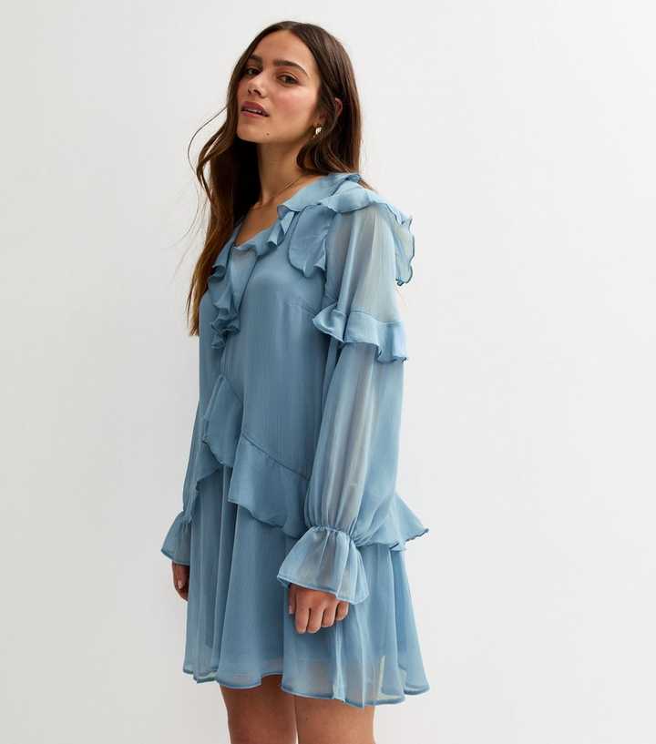 Petite Blue Ruffle Trimmed Mini Dress