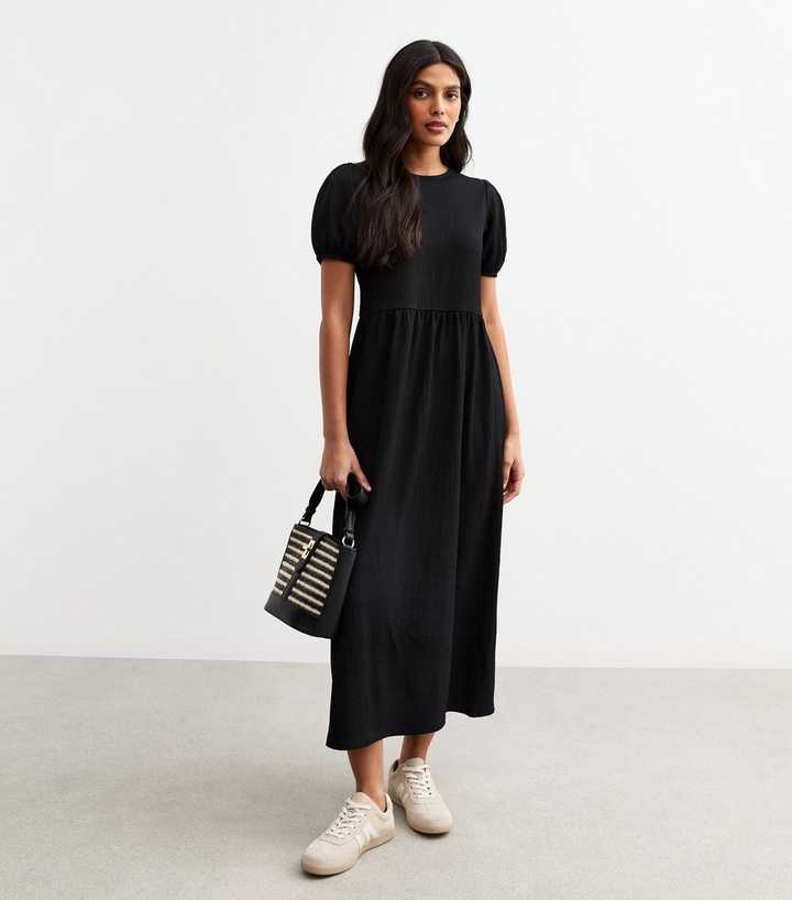 Black Crinkled Bow Back Smock Midi Dress