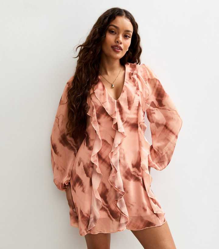 Petite Pink Tie Dye Ruffle Front Chiffon Mini Dress