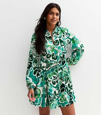 Green Paisley Print Belted Mini Shirt Dress